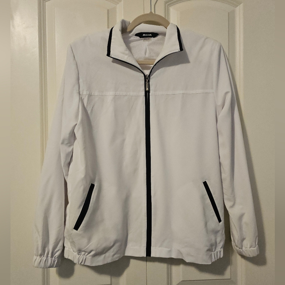 ALIA Womens White Jacket Black Accents Spring Summer Bomber SZ 8